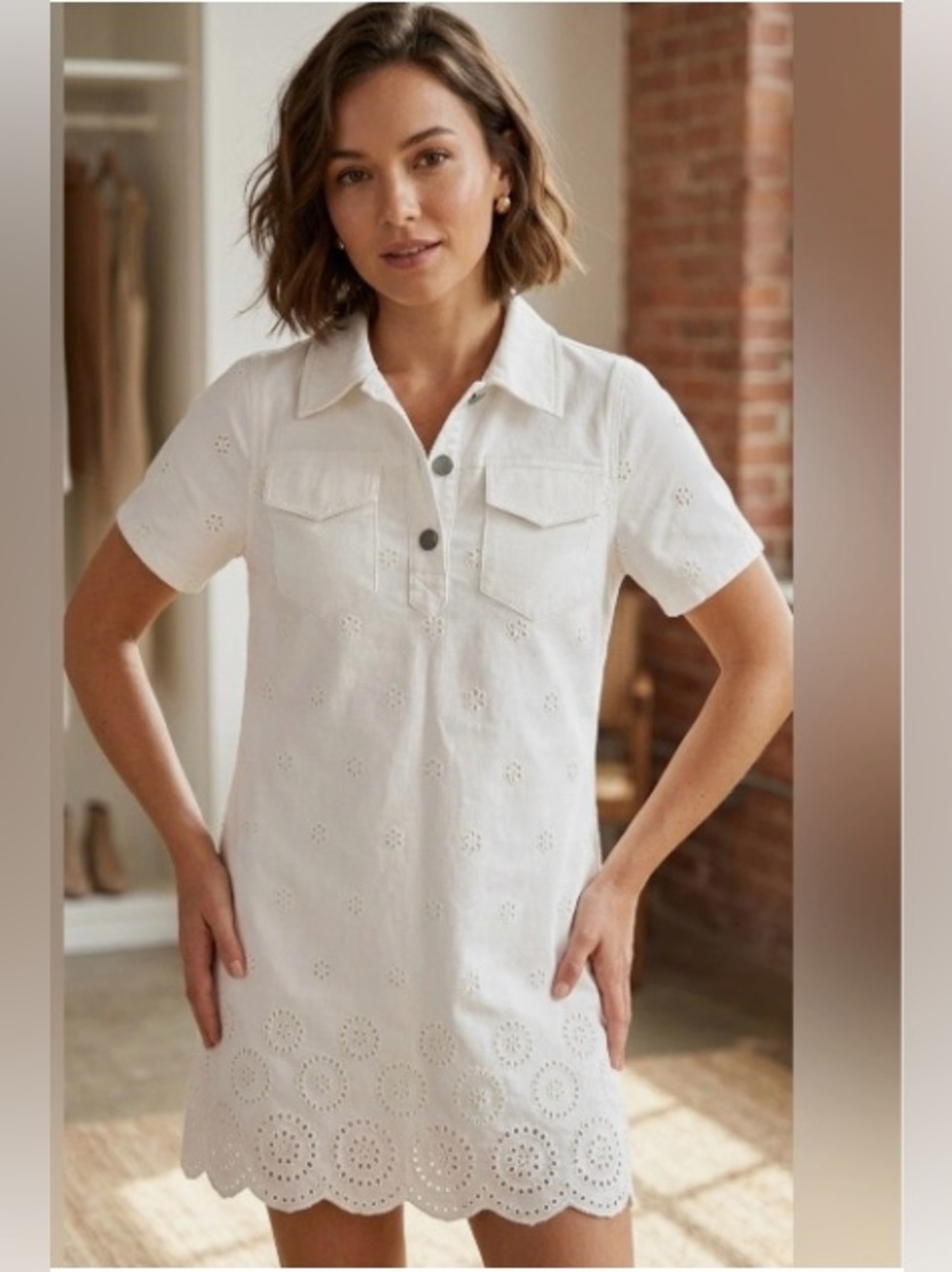 En Saison ~ Designer White Eyelet Polo Denim Button Down Mini Dress - S - Picture 2 of 14